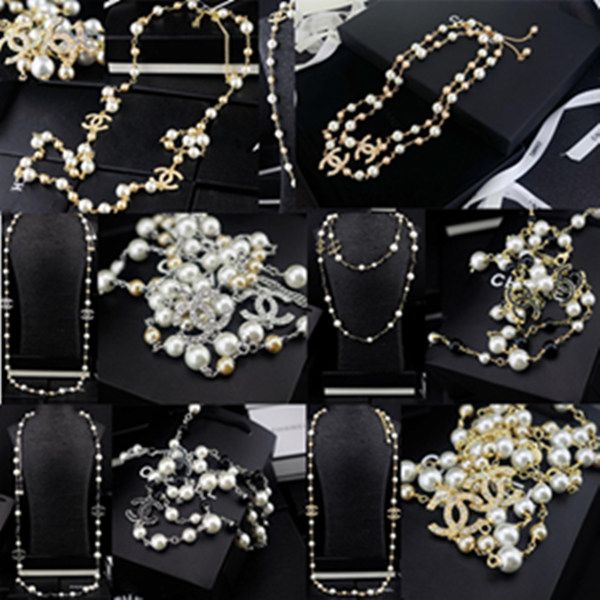 

brand design letter pearl necklaces fashion metal letter diamond necklace luxury pearl chains necklaces jewelry with box, Silver