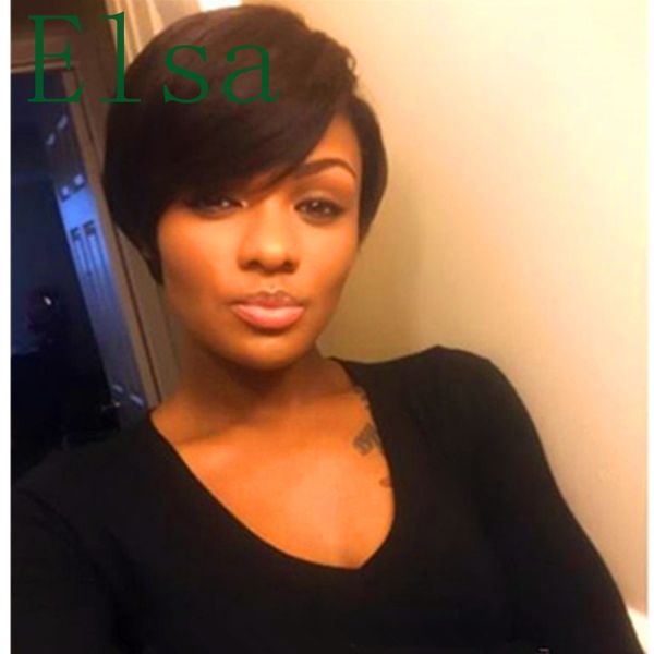 Short Human Natural Hair Wigs Pixie Cut Black Natural Short Bangs