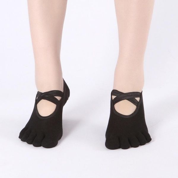 

solid women yoga socks anti-slip five fingers backless silicone non-slip 5 toe socks ballet gym fitness sports cotton, Black