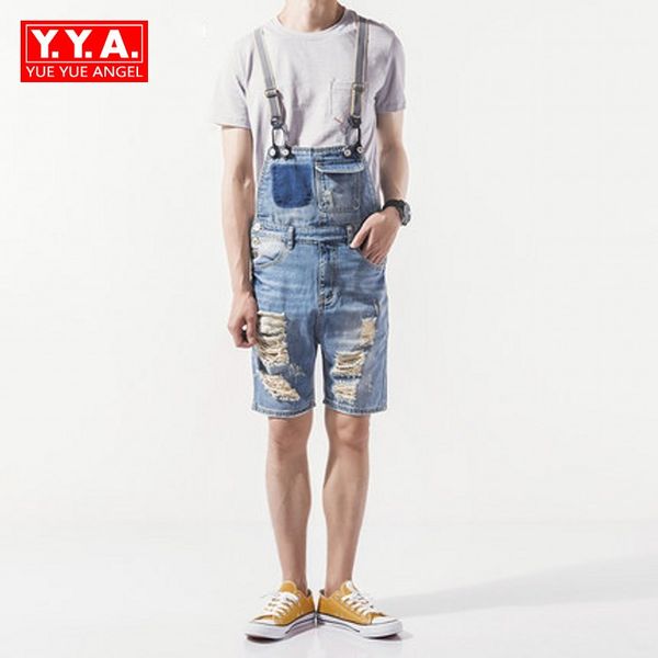 

denim mens shorts 2018 korean fashion male overalls hole ripped biker casual man suspenders streetwear knee length jumpsuits men, Blue