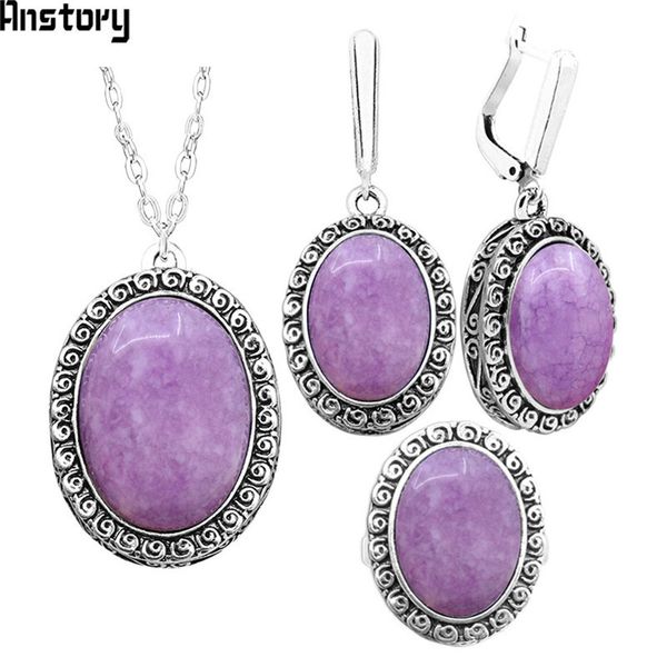 

natural purple stone jewelry sets vintage necklace earrings ring for women flower pendant fashion party fashion jewelry, Silver
