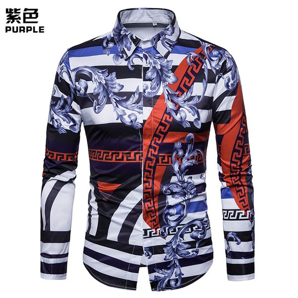 

men's clothing wholesale europe digital print long-sleeved lapel flower shirt fashion men's casual shirt, White;black
