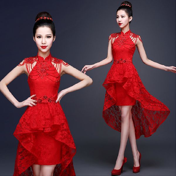 

red lace chinese evening dress beading applique short front long back bride wedding qipao backless cheongsam custom