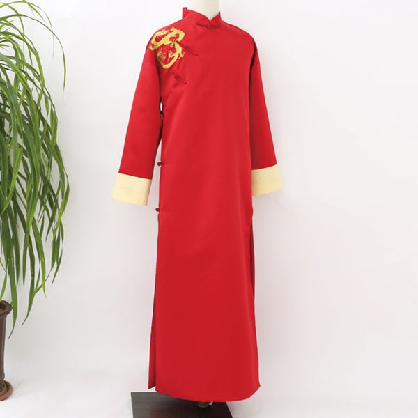 Casamento em estilo chinês bordado roupas vestido vintage robe Masculino Longo Vestido Bordado Dragon Men Vermelho Preto Tradicional Robe
