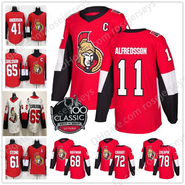 

ottawa senators #11 daniel alfredsson 18 frank finnigan 19 jason spezza 65 erik karlsson 41 craig anderson 100th classic red white jersey, Black;red