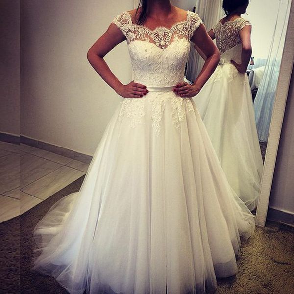 

2019 charming wedding dresses sheer unique scoop neck capped short sleeves beaded lace appliques tulle bridal gowns with bow sash, White