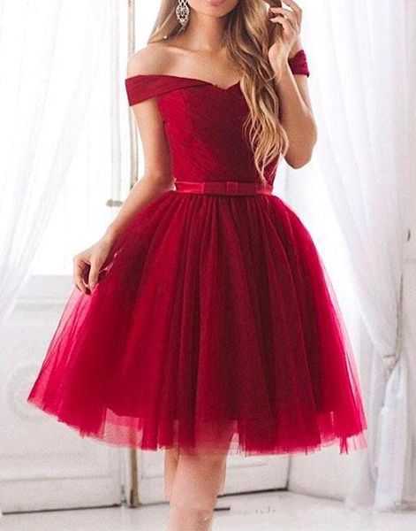 

2018 dark red off shoulder a line short homecoming dresses ruffles knee length tulle cocktail party gowns little red women wear, Blue;pink