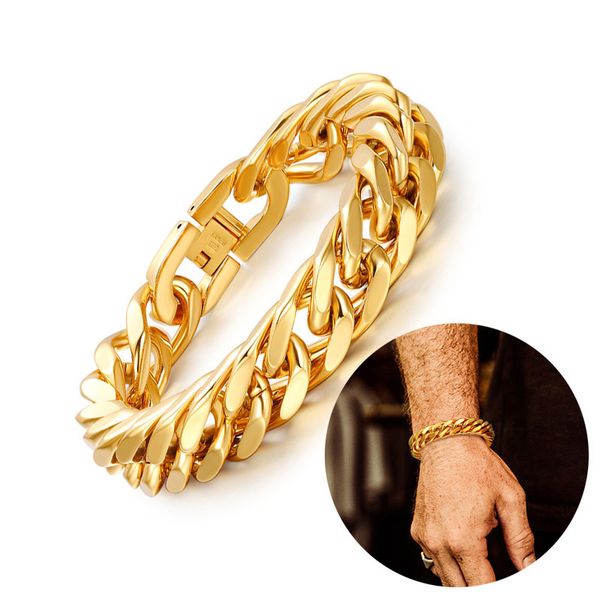 

men's 15mm chunky miami cuban link bracelet in golden stainless steel hip hop rocker biker rapper dj large bracelets jewelry, Black