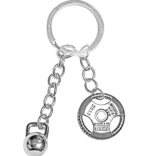 

6pcs/lot new gym dumbbell sports fitness men keychains stainless steel bodybuilding keychain personalized weightlifting charm custom jewelry, Slivery;golden