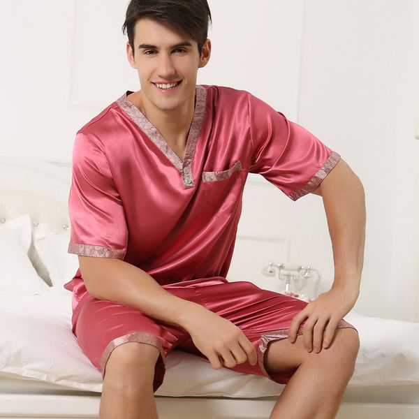 

summer men's silk pajamas short sleeved v neck pyjamas twinset with shorts thin plus size mens sleepwear xxxl xxxxl loungewear, Black;brown
