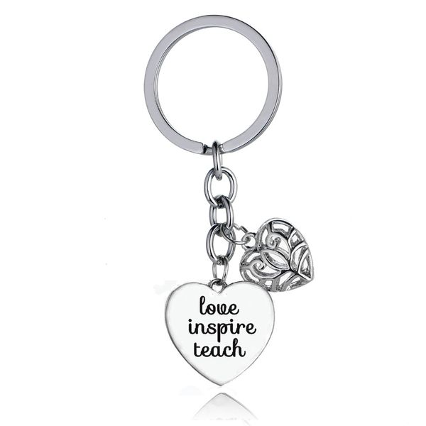 

love teach inspire charm keychain love heart pendant key ring school teacher's day gift keyring key chain holder party jewelry, Silver