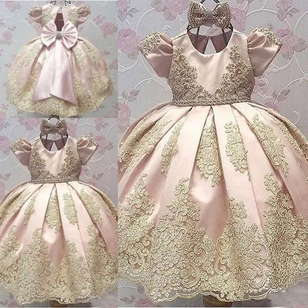 

short sleeves flower girl dresses big bow toddler jewel gold applique kids communion dress birthday party pageant gown, White;blue