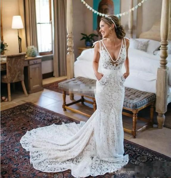 

инбал дрор 2020 свадебные платья backless глубокий v шеи кружева свадебные платья поезд стреловидности с карманы sheer summer a-line свадебн, White