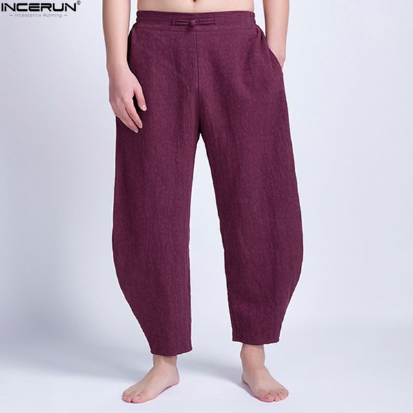 

incerun summer cotton men wide legs pants baggy trousers loose fitness ankle-length hiphop joggers chinese style plus size 5xl, Black