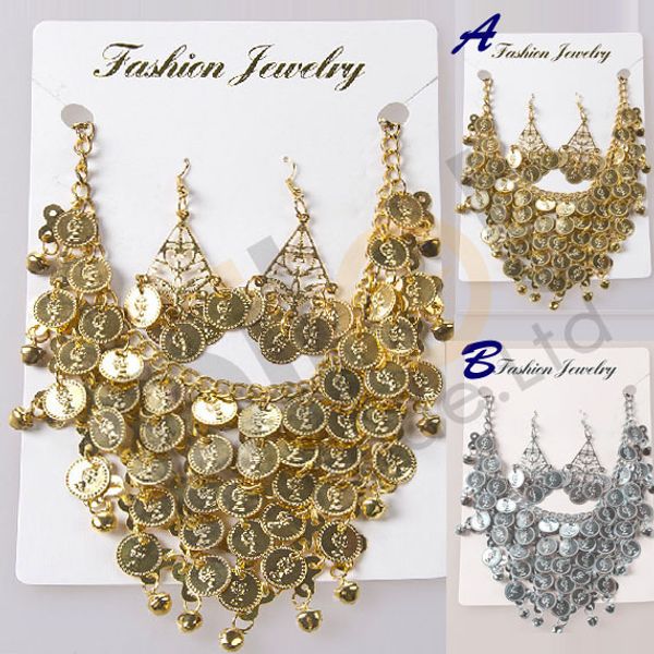 

2015 new handmade tribal necklace earring jewelry choker belly dance accessories golden/silver sequins coins, Black;red
