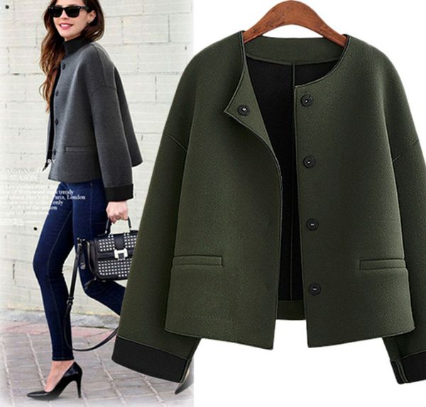 

Fashion Fall Winter Short Wool Coat for Women Long Sleeve Coat with Pocket Casual Ladies Solid Color OUTWEAR Jacket