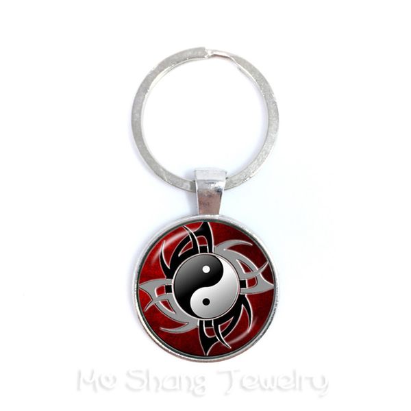 

25mm fashion handmade keychains wholesale yin-yang skulls wicca gifts cabochon witchcraft keyring jewelry for men, Silver