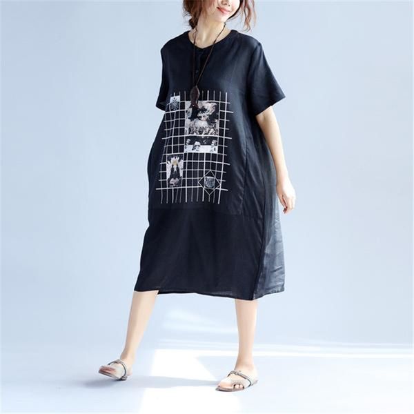 

buykud 2018 summer printing women loose splicing cotton folded black short dress round neck short sleeve casual pocket dresses, Black;gray