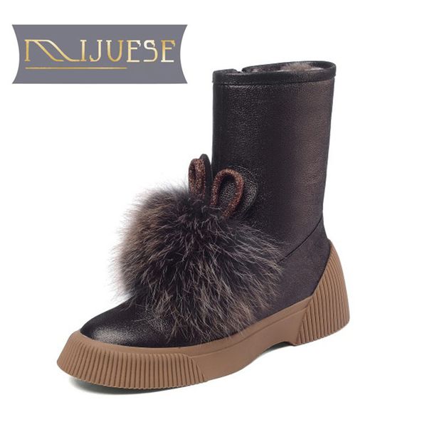 

mljuese 2019 women snow boots cow leather+mane zippers round toe winter warm wool blend boots women ankle fashion, Black