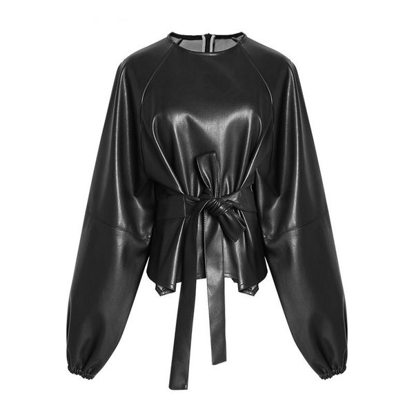 

2018 women vintage black tied sashes waist pullover faux leather sweatshirt back zipper leather sweats coat outerwear