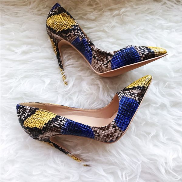 Free Moda Mulheres Bombas Azul Amarelo Snake Patent Point Point Toe High Saltos Sapatos Stiletto Heeled Bombas Real Foto Novo