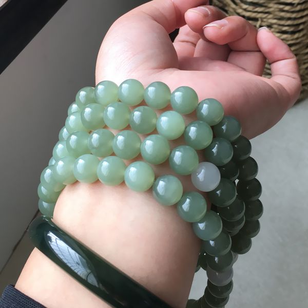 

h03#hetian jade bead bracelet rosary 108 10mm bead green white jade, Golden;silver
