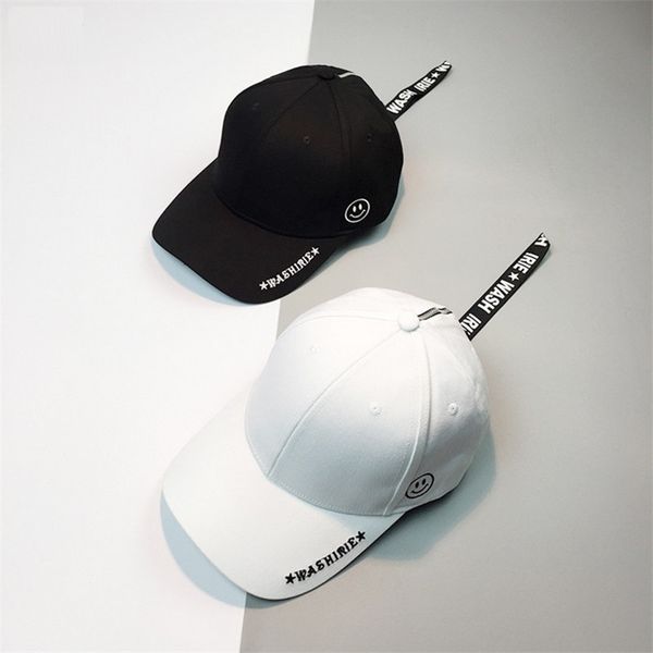 

bbs127 korean women long belt snapback caps retro hat personality metal ring letter smile face embroidery baseball cap, Black;white
