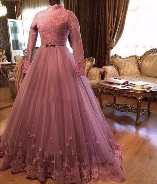 

Romantic Mulsim Saudi Arabia Dubai Evening Dresses Lace Applique High Neck Ball 2019 Party Formal Prom Dress Pageant Gowns Robe De Soiree