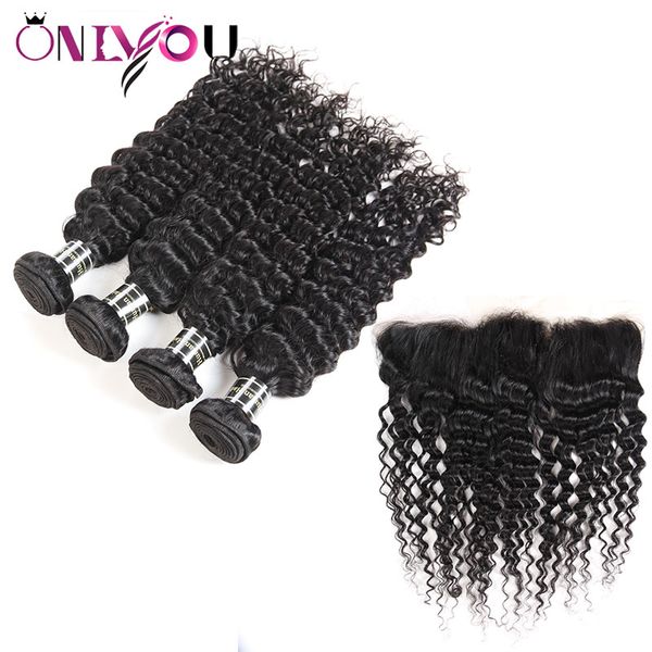 Onlyouhair cabelo peruano com fechamento frontal onda profunda feixes de cabelo humano com frontal orelha a orelha onda profunda suave remy cabelo tecer pacotes