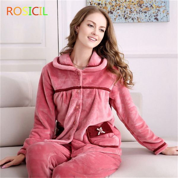 

rosicil winter anti cold keep warm women thick coral fleece pajamas sets of sleepcoat & pants lady thermal flannel sleepwear, Black;red