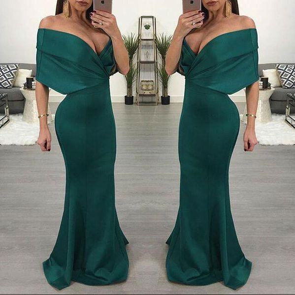 

dark green 2018 prom dresses half sleeves deep v neck off the shoulder floor length stain elegant long mermaid evening dress formal, Black