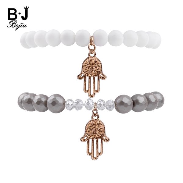 

bojiu gold palm natural stone charm bracelets for women elastic white & gray round stone beads bracelet femme lady jewelry bc227, Golden;silver