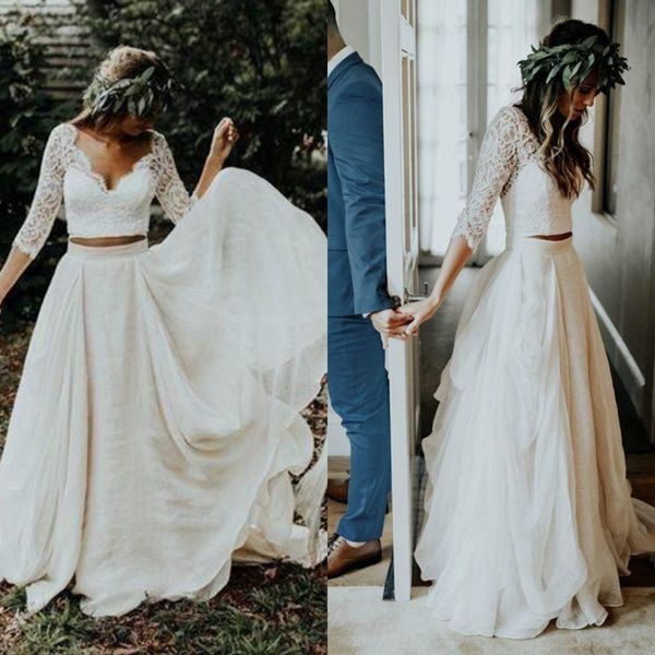 Bela duas peças vestidos de casamento country com manga v pescoço top rendas rolo chiffon vestidos nupciais boêmio plus size verão praia jardim