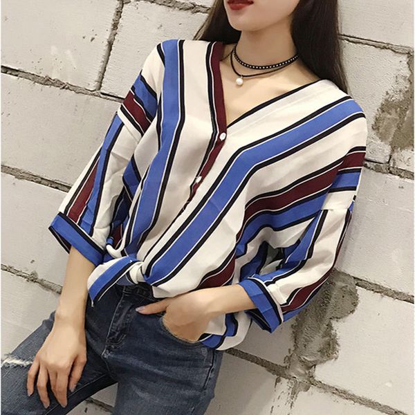 

2017 oyddup selling lady striped blouse casual v-neck three qua rter sleeve loose bat sleeves shirts, White