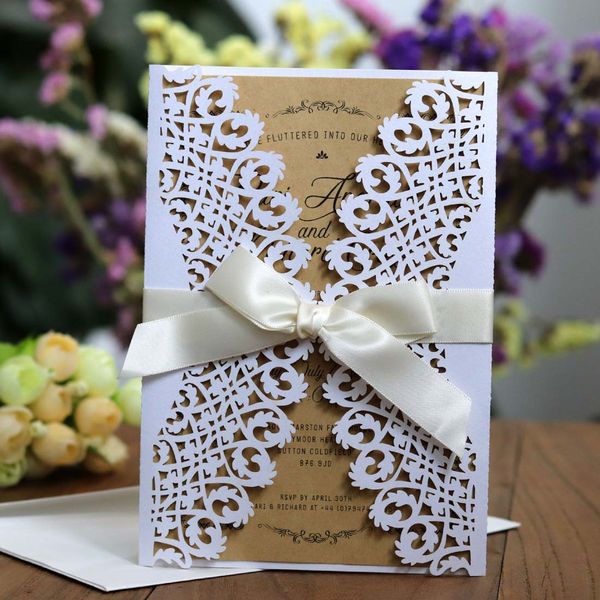 

100pcs vintage white wedding invitations cards with flora laser cut engagement for birthday party invitation customizable, Black