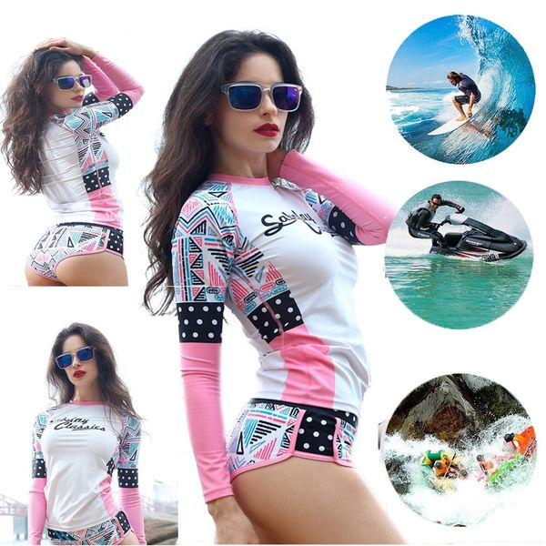 

новые женщины rashguard плавать рубашки виндсерфинг топ с длинным рукавом купальник плавание серфинг сыпь охранники upf50 + дайвинг