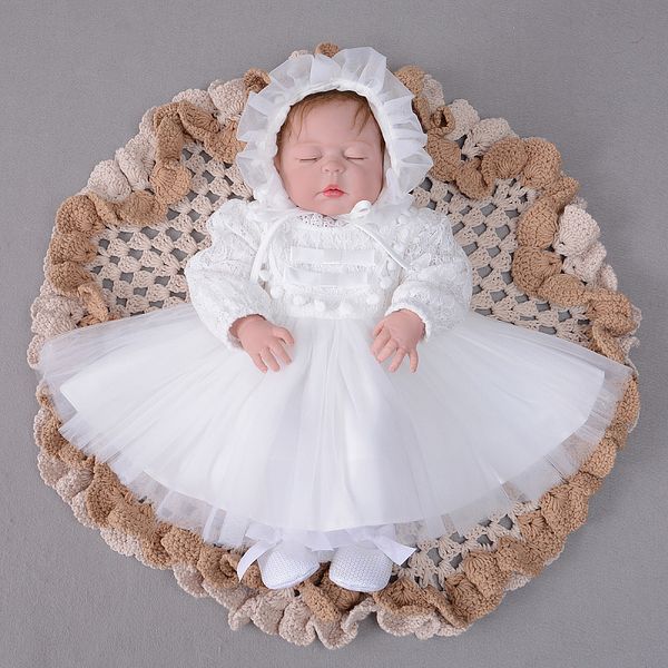 

2018 winter baby girl dress ivory christening dress long sleeve 1 st birthday party lace baptism with hat, Red;yellow