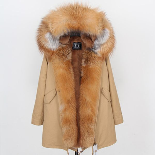 

new arrival winter jackets caramel fox fur trim threshold maomaokong brand caramel fox and rabbit fur lining khaki long parkas, Black