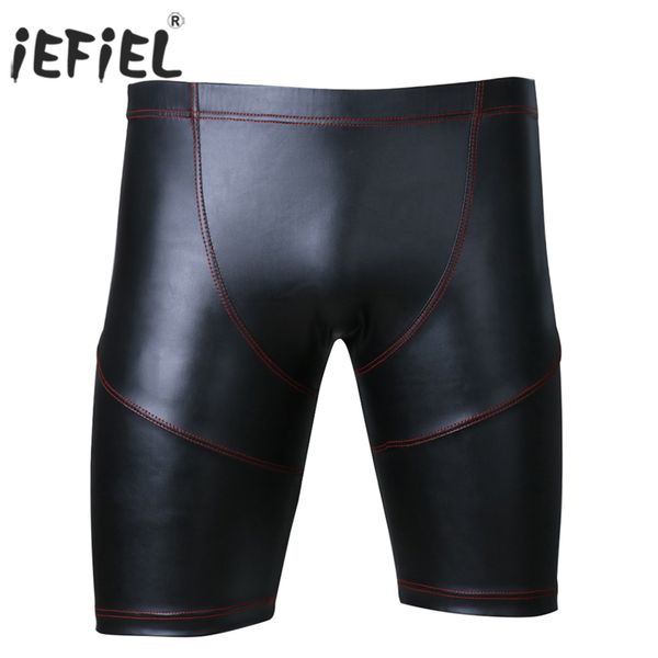 iEFiEL # M-2XL 2017 New Style Fashion Black Sexy Men Pantaloncini in ecopelle Pantaloncini da allenamento per boxer da uomo