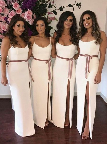 

elegant custom sheath sleeveless long white bridesmaid dresses with slit floor length zipper bridesmaid gown with sash for women, Red;white