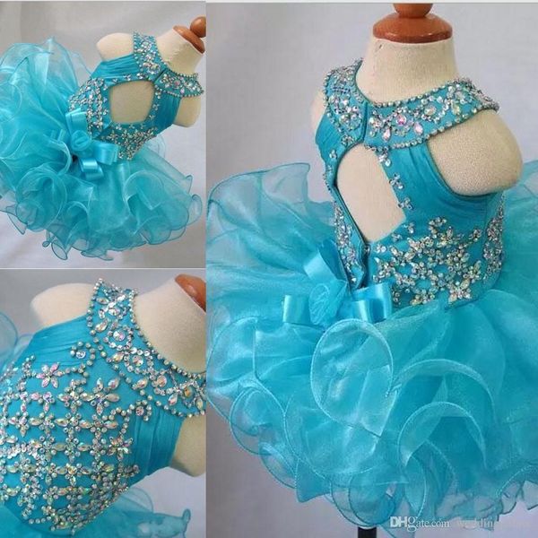 Céu claro Azul New Cupcake Girls Pageant Vestidos Jóia Pescoço Grânulos Cristais Organeza Crianças Prom Vestidos Flor Menina Vestidos De Aniversário Vestido