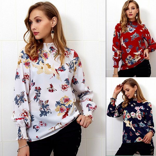 

autumn 2018 new women casual white shirt long sleeve boho print shirt women clothing streetwear slim blouse elegant