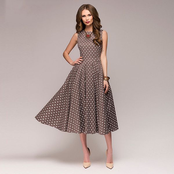 

vintage dress 2018 summer new sleeveless o-neck vestidos women elegant thin dot printing mid-calf casual dress female, White;black