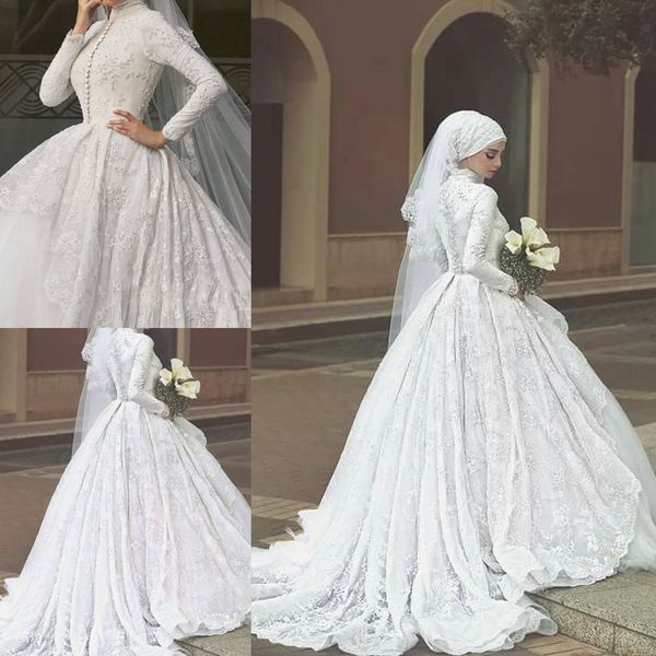 Alta Neck Muçulmano Vestidos de Casamento Com Manga Longa Tule Applique Trem Da Varredura País Vestidos de Casamento A Linha Do Oriente Médio Vestido de Noiva