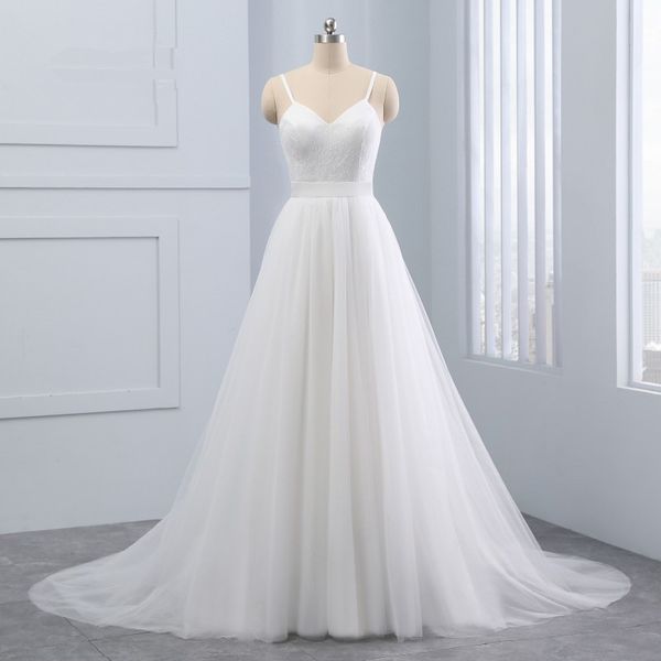 

spaghetti straps plus size v neck beach a line wedding dress tulle draped lace custom made belt bridal gown backless fashionable boho, White
