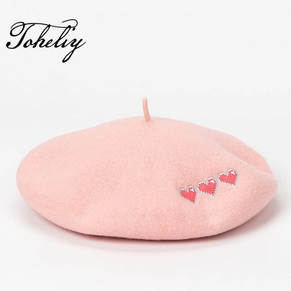 

new style spring warm wool winter pink heart embroidery women beret hat for sweet girl autumn winter hats, Blue;gray