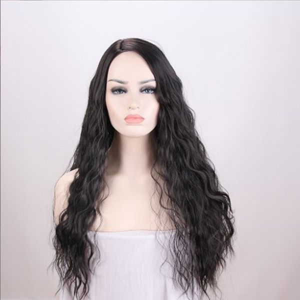 Z F Top Quality Glueless Deep Wave Hair Black Long Wigs Side Part