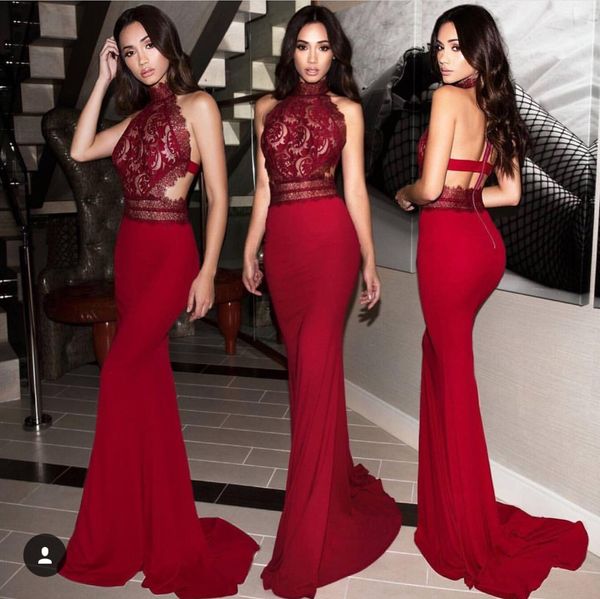 

chiffon mermaid open back evening dresses high neck red prom dress backless robe soiree longue femme, Black;red