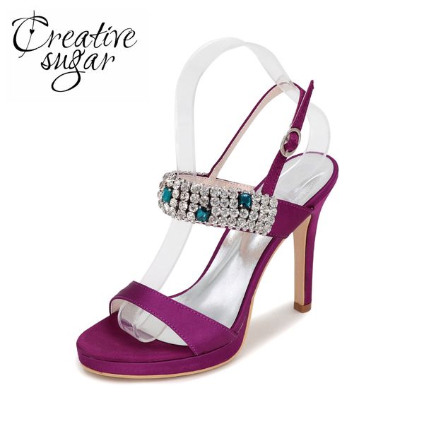 

creativesugar woman crystal sandals satin summer dress shoes colorful rhinestones high heels party prom purple silver grey ivory, Black