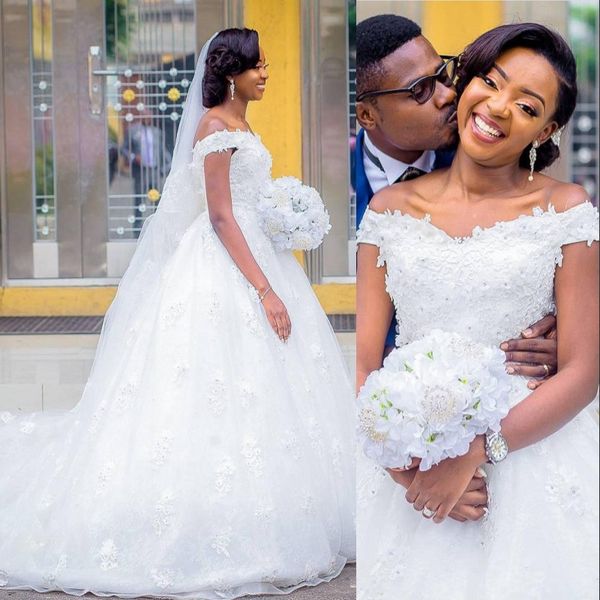 

african off the shoulder wedding dresses with appliques beads back covered buttons beach bridal gowns a line tulle plus size wedding dress, White